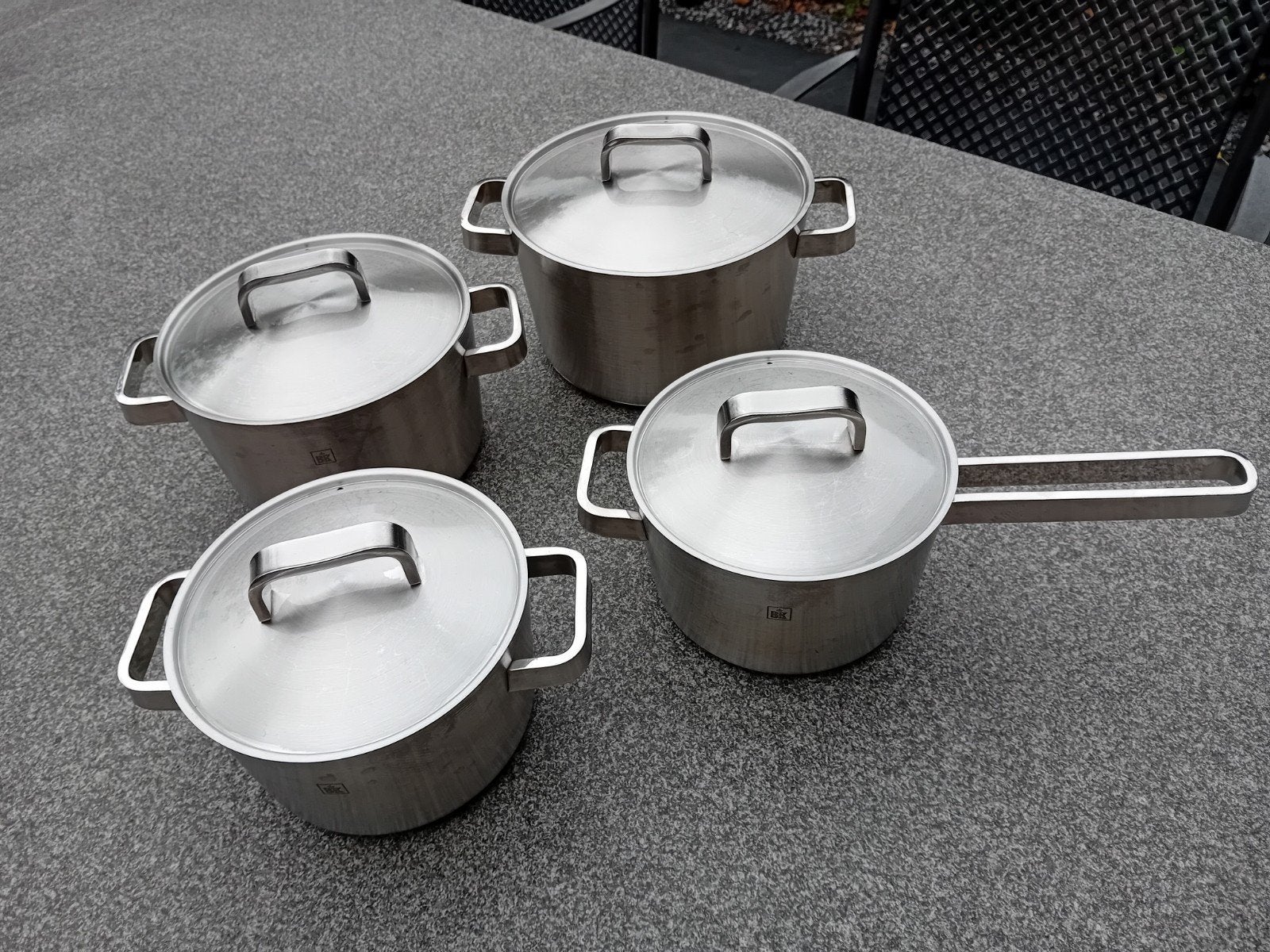 BK Conical Profi Pannenset 4-delig modern zware kwaliteit., Ophalen of Verzenden, Gebruikt, Rvs, Pannenset