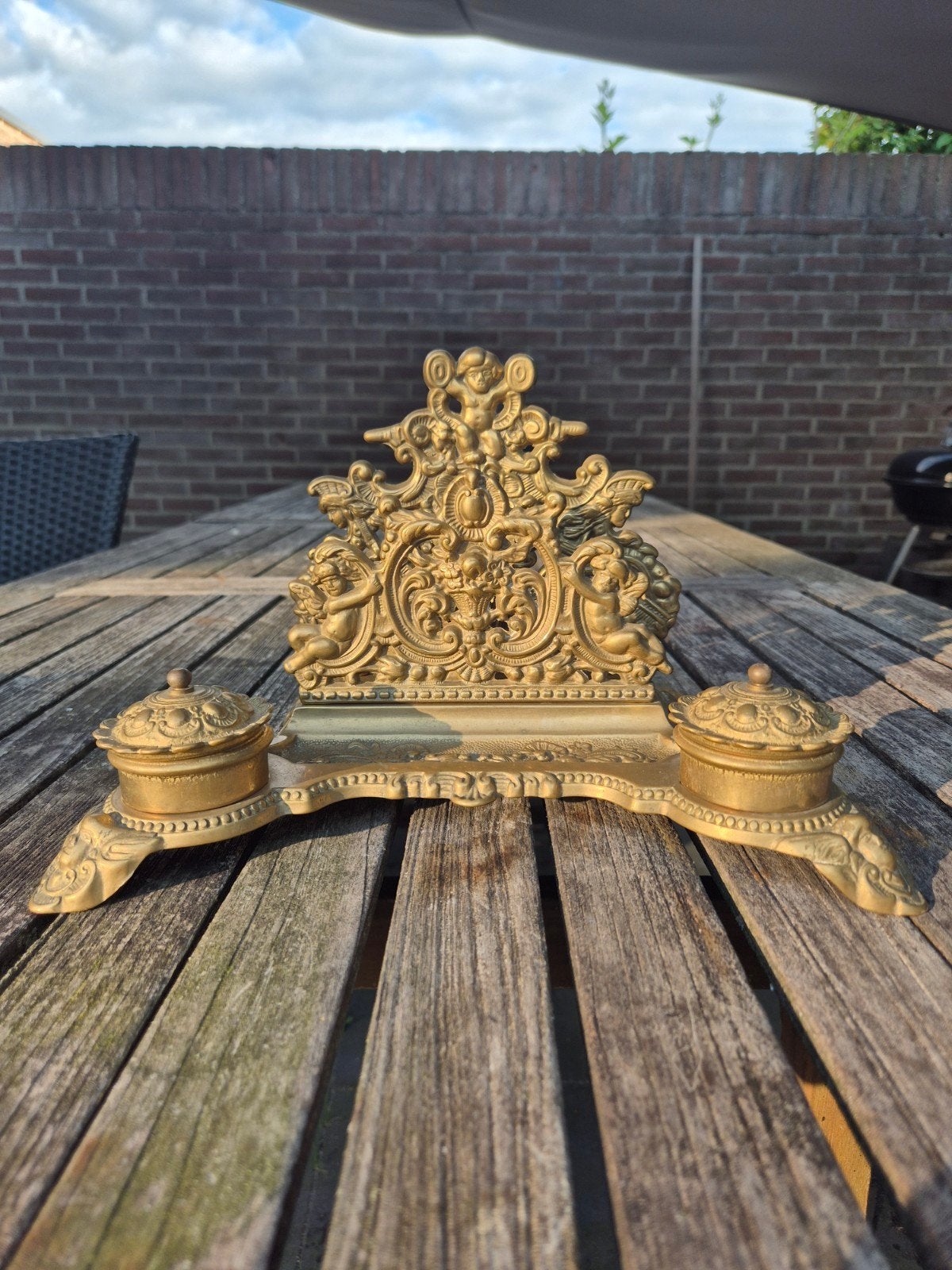 Antieke messing inktstel met cherubijnen, Ophalen