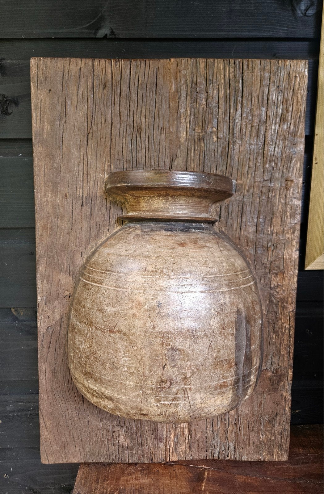 Robuuste railwood wandpaneel met Nepalese pot, Huis en Inrichting, Ophalen of Verzenden, Nieuw