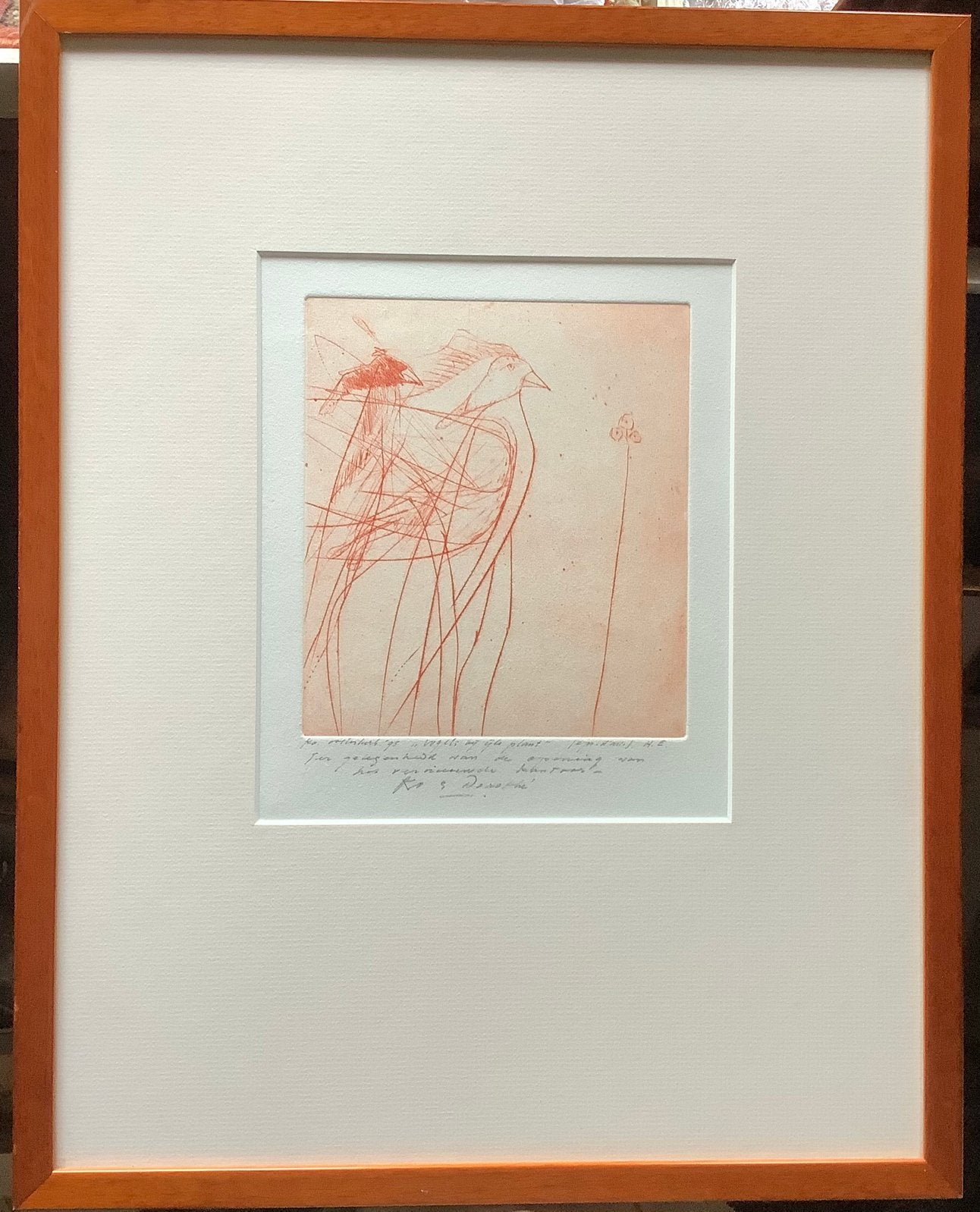Ko Oosterkerk, vegel, ets, gravure, rood, bloem, origineel, Ophalen of Verzenden