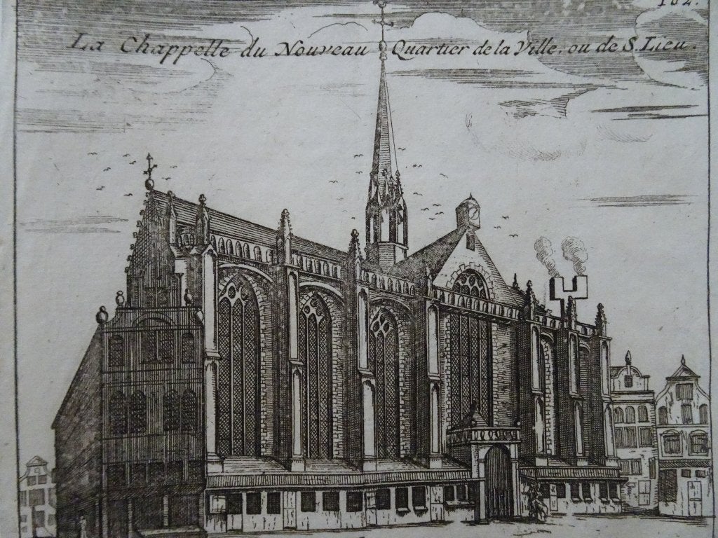 Gravures 2 stuks Olofskapel Nieuwe kapel Amsterdam, 1720, Verzenden, Architectuur, Origineel, Gravure