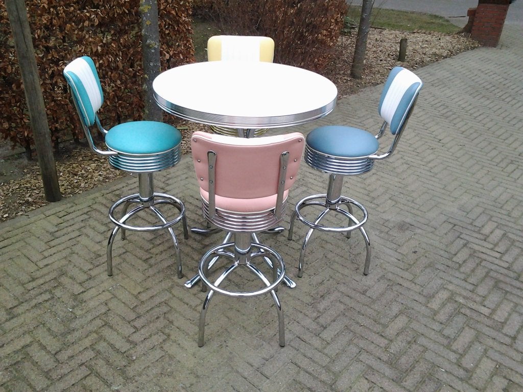 Amerikaanse barkrukken Bel Air bartafel fifties sixties ..., Ophalen, 60 tot 90 cm, Met voetsteun, Zo goed als nieuw
