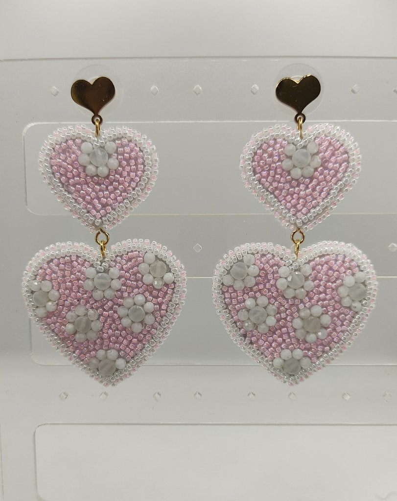 By Sabrina: Uniek,handgemaakte oorbellen,  double heart roze, Overige materialen, Hangers, Nieuw, Ophalen of Verzenden