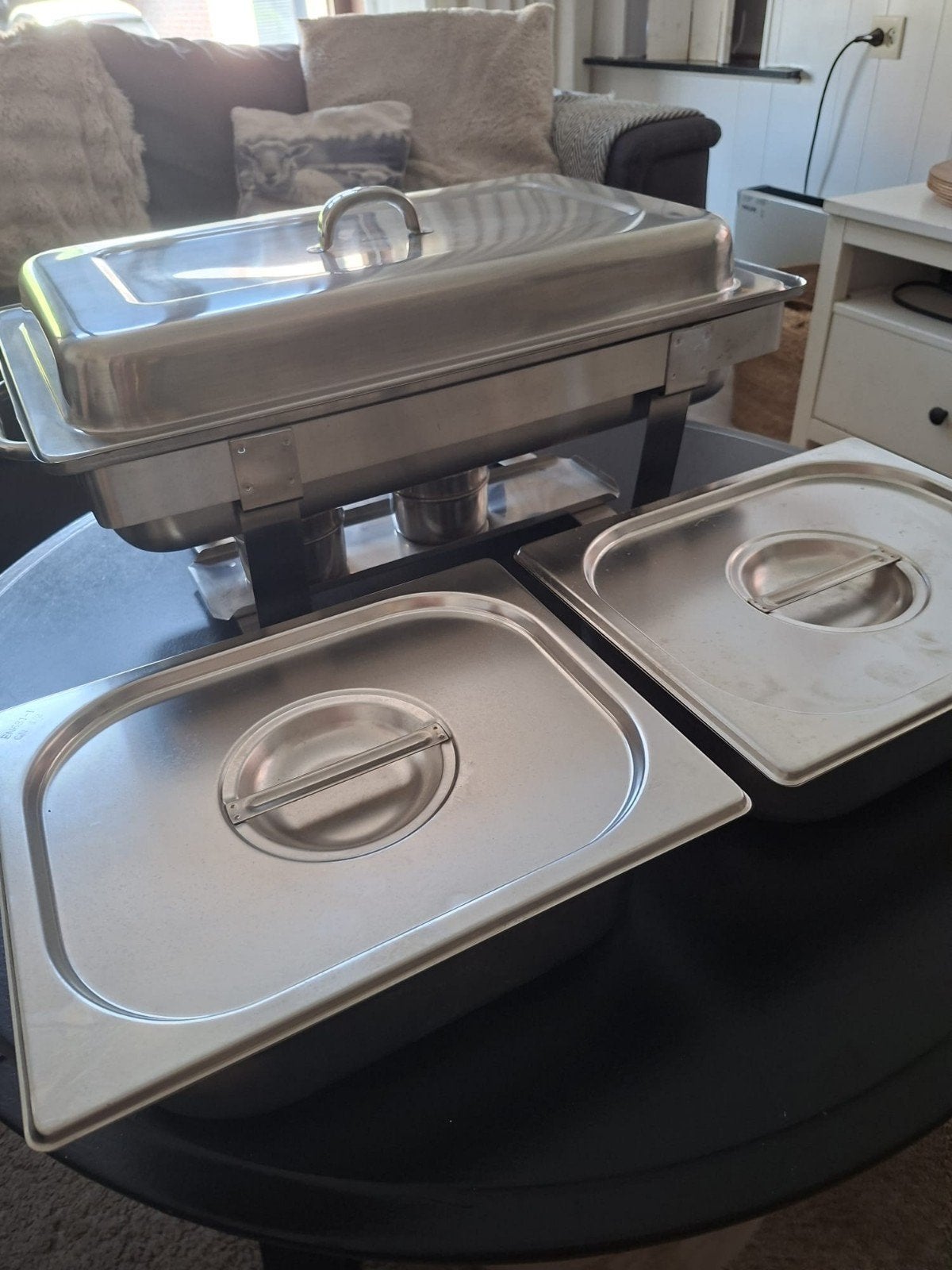 Chafing dish set - RVS warmhoudbakken, Ophalen, Overige typen, Zilver, Zo goed als nieuw