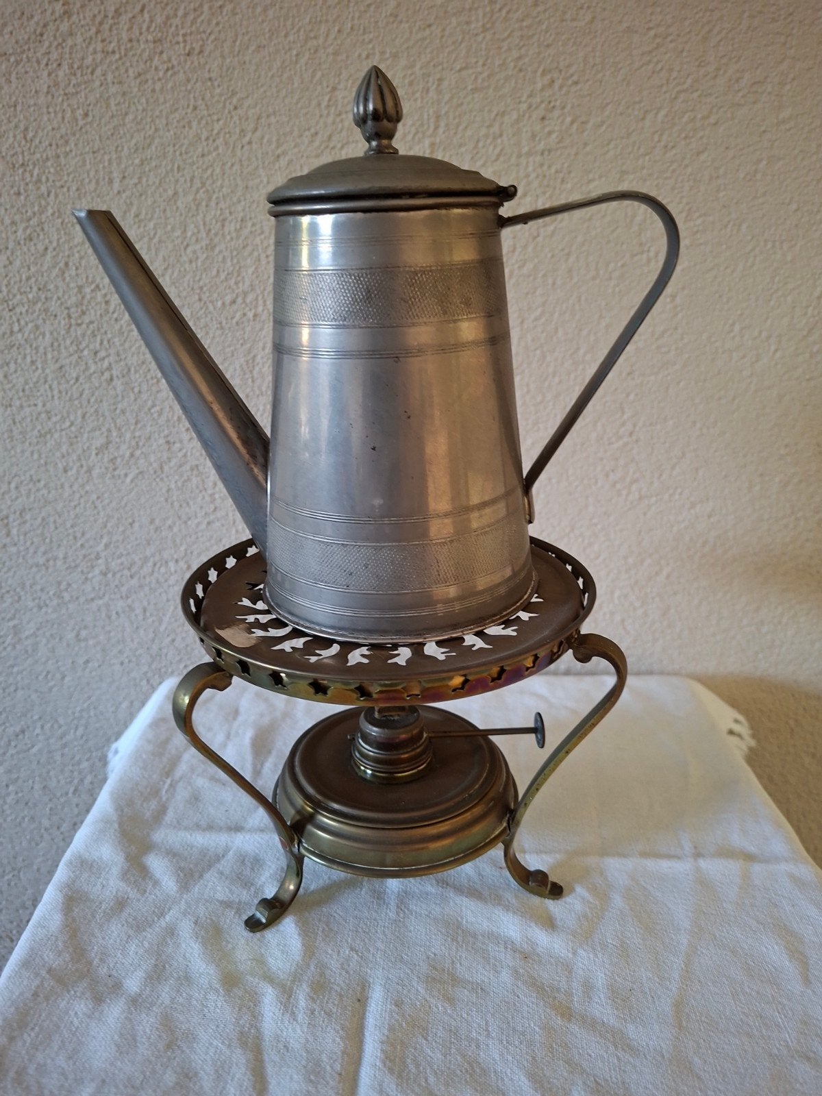 Antieke Tinnen Koffiekan met Koperen Rechaud, Ophalen of Verzenden