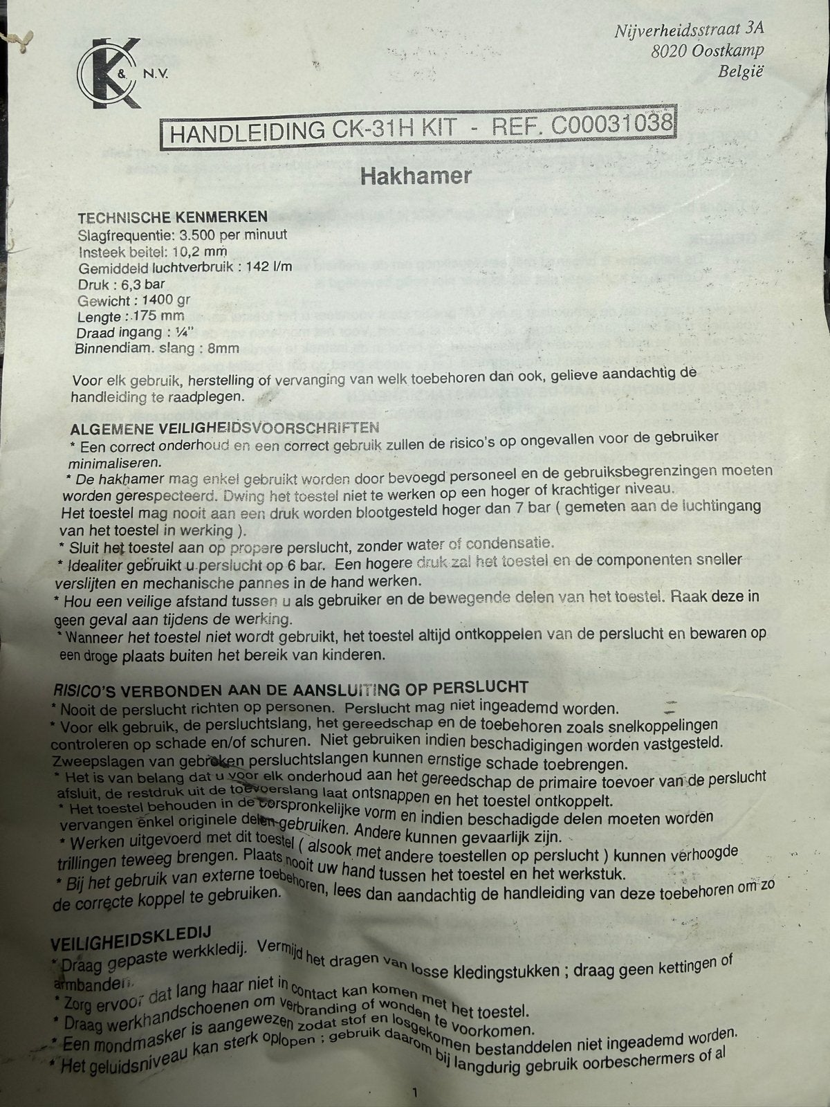 Hakhamer - Persluchthamer met beitels in koffer, Ophalen of Verzenden, Gebruikt, Overige typen, Overige merken
