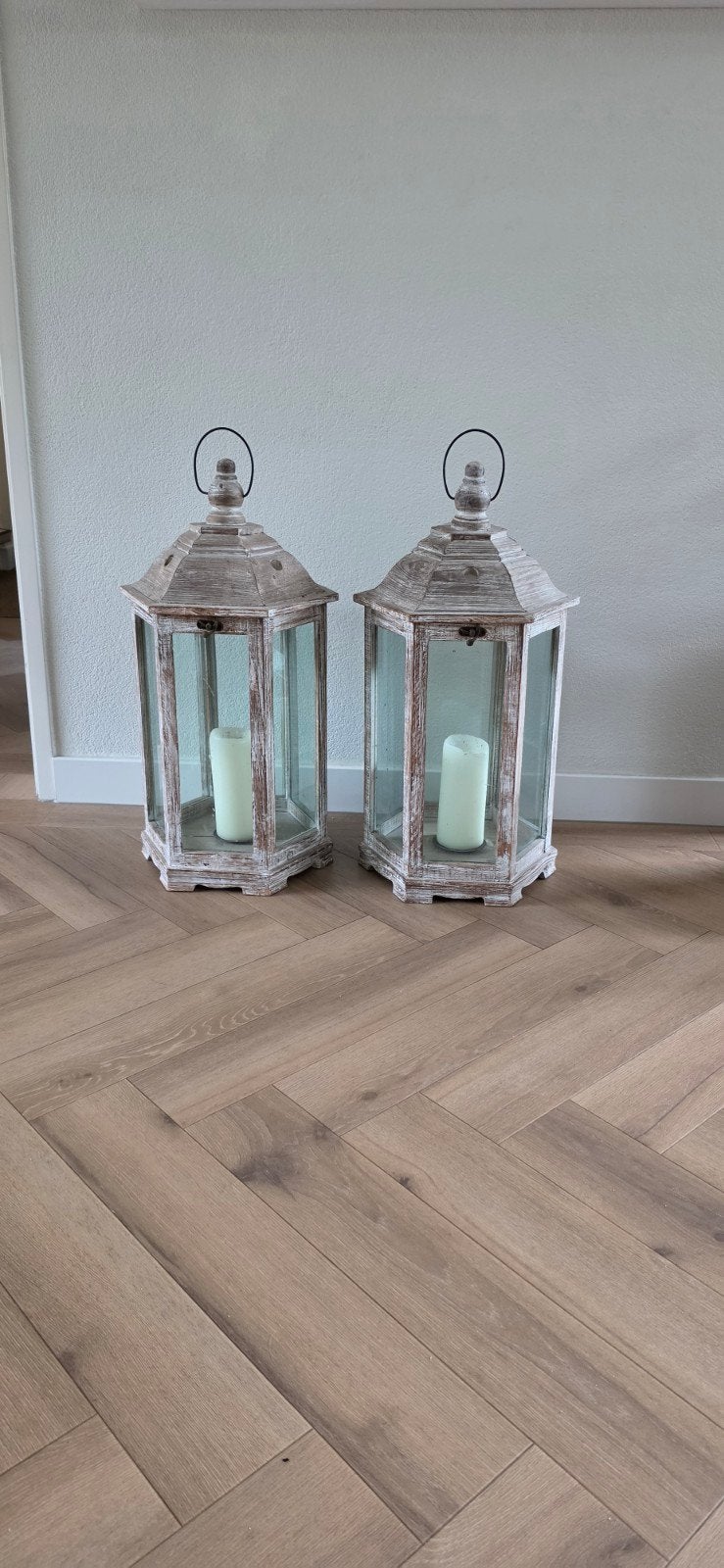 Set van 2 houten windlichten - Brocante stijl, Ophalen, Windlicht, Gebruikt, Bruin