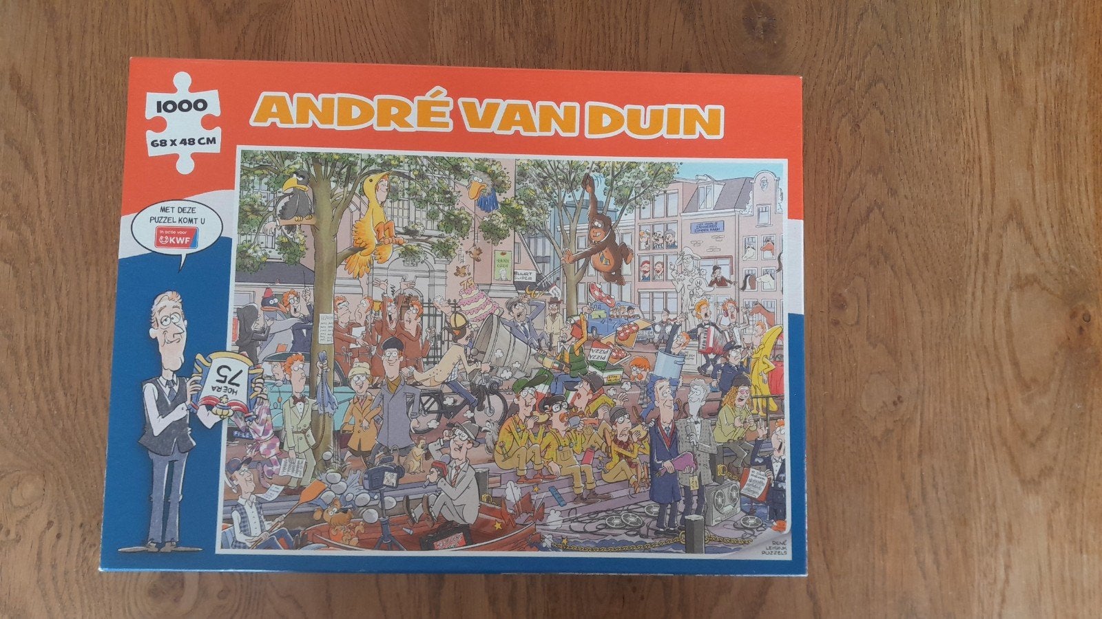 Andre van Duin puzzel HOERA 75 JAAR!, Ophalen of Verzenden, 500 t/m 1500 stukjes, Zo goed als nieuw, Legpuzzel