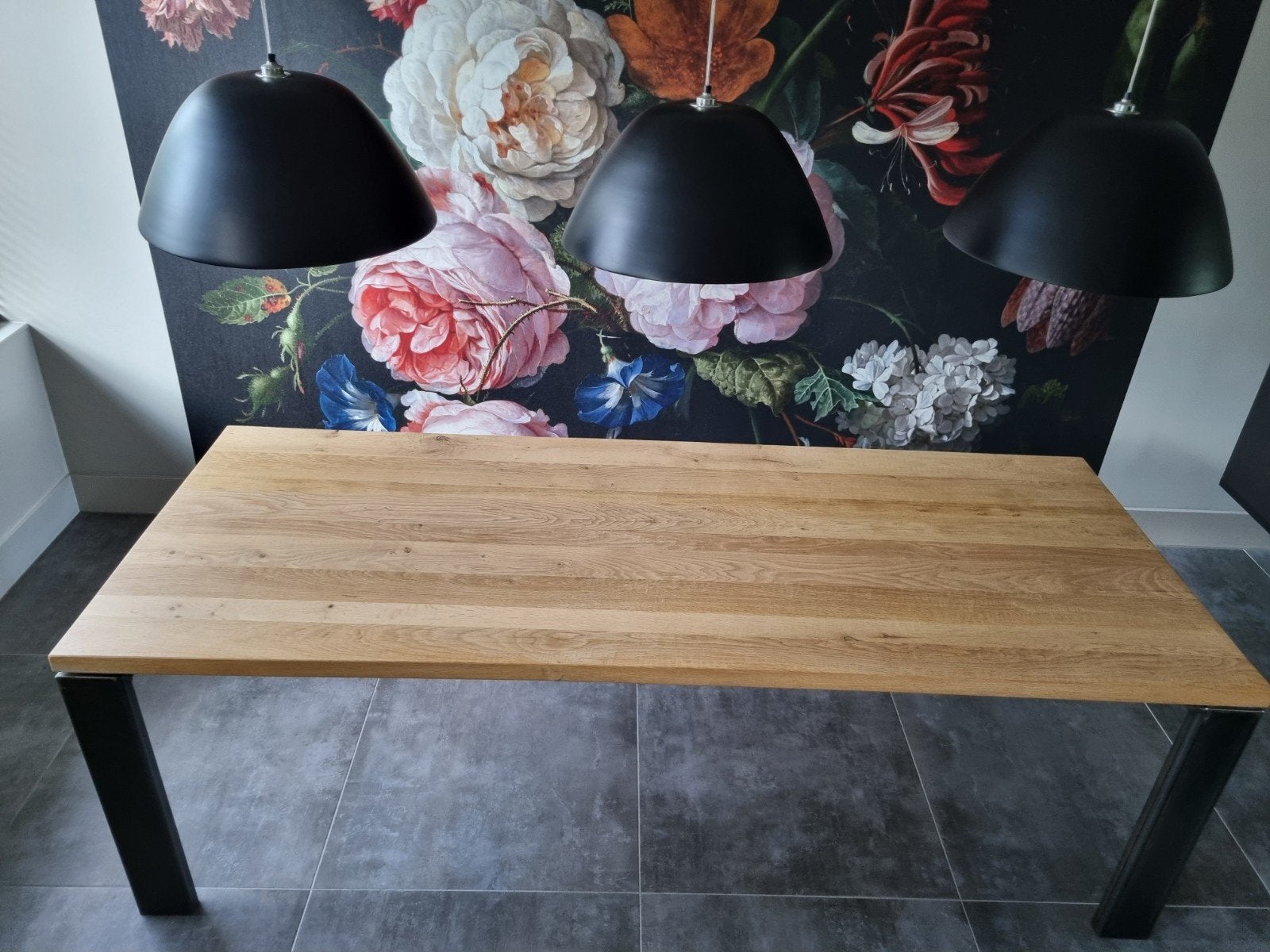 Eettafel massief eiken blad stalen poten 230x90, Huis en Inrichting, Tafels | Eettafels, Ophalen, 200 cm of meer, 50 tot 100 cm