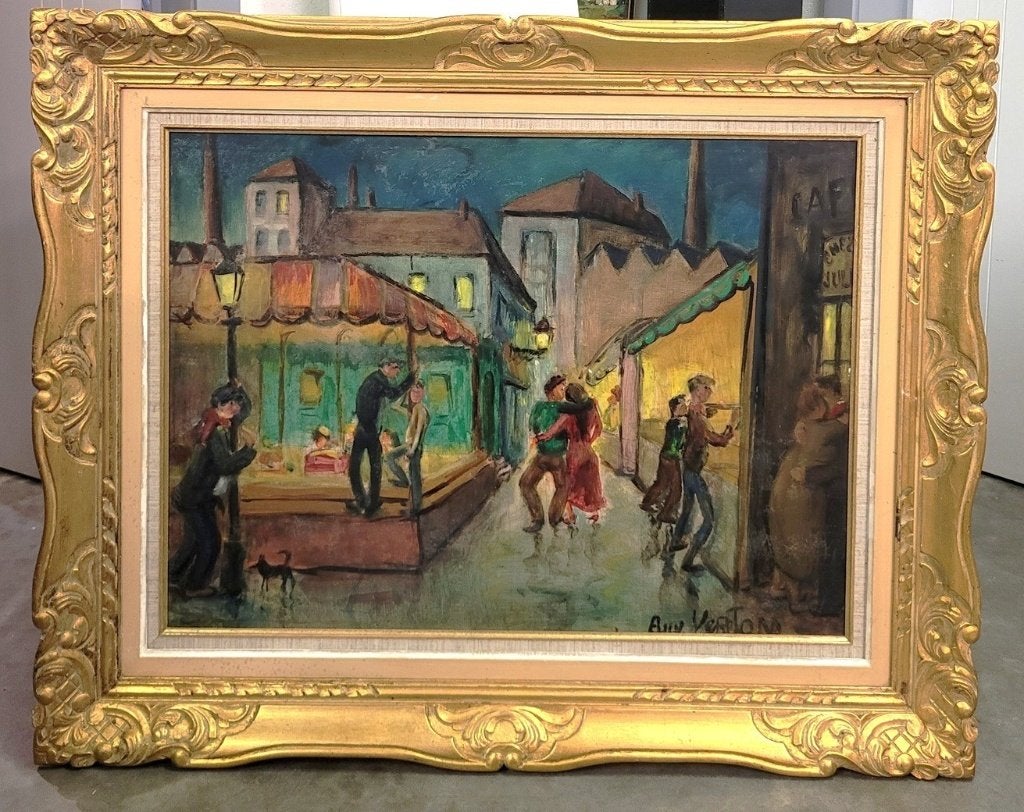 Guy VERTON, een avond op de kermis, Ophalen of Verzenden, Origineel werk, Olieverf, Paneel