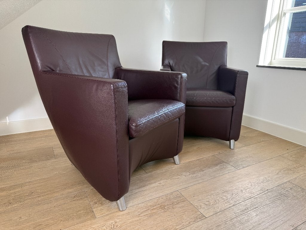 2x Leolux Dolcinea fauteuils plume/paars leder, Ophalen, Zo goed als nieuw, Leolux, 50 tot 75 cm