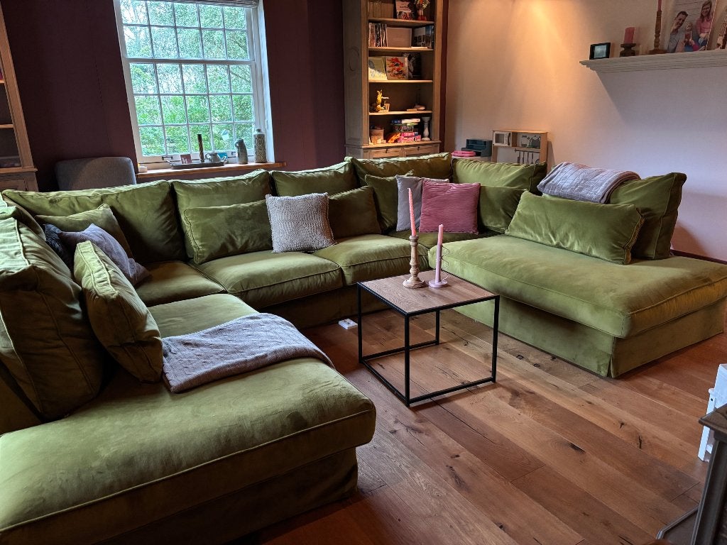 Groene velvet hoekbank U-bank 360cm, Ophalen, Gebruikt, Hoekbank, 300 cm of meer