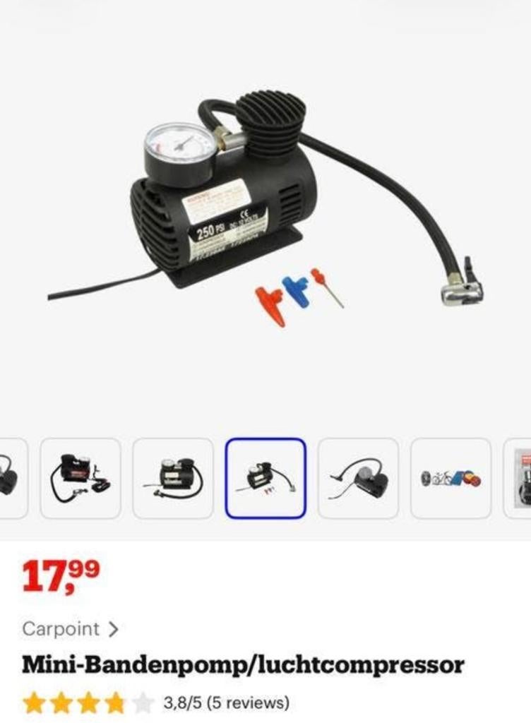 Mini-bandenpomp/luchtcompressor 250 PSI, 10 bar of meer, Nieuw, Ophalen of Verzenden, Minder dan 200 liter/min