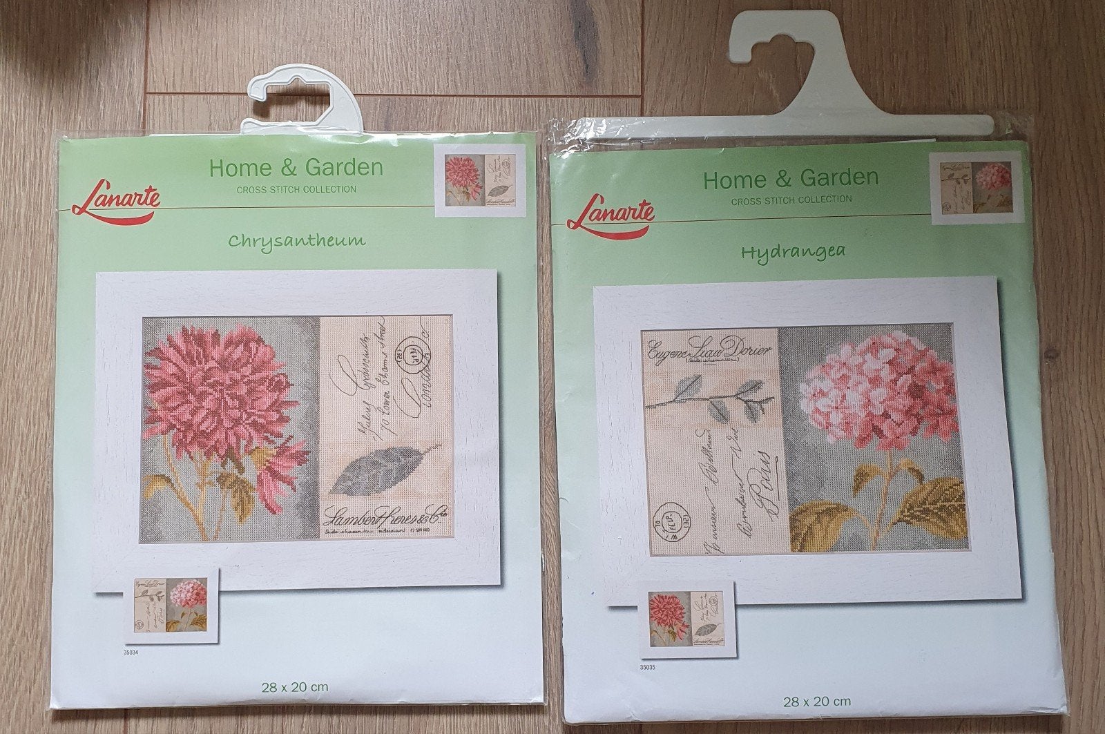 2 borduurpakketten van Lanarte, chysantheum en hydrangea, Hobby en Vrije tijd, Borduren en Borduurmachines, Ophalen of Verzenden