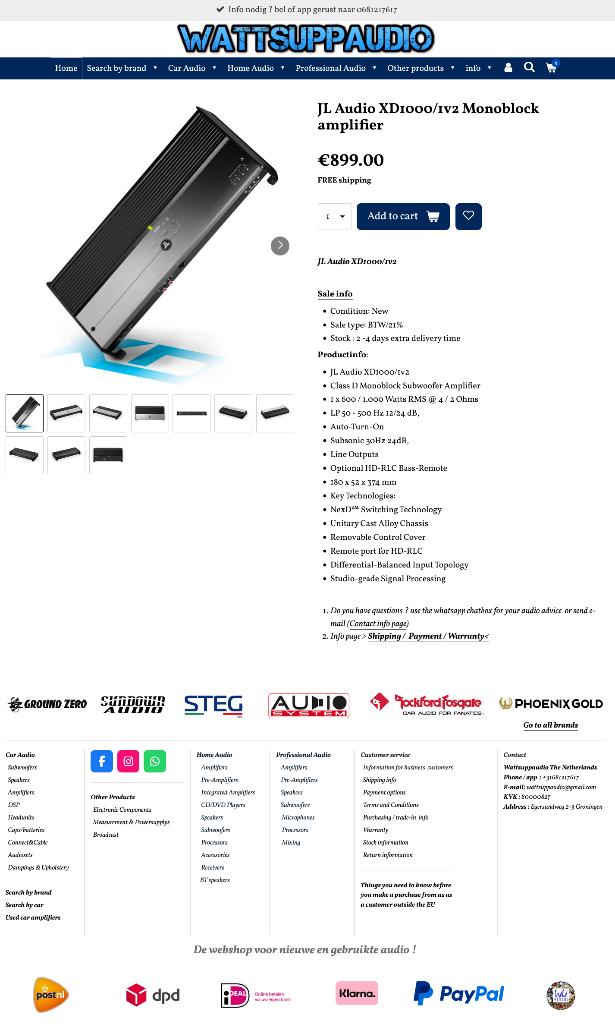 JL Audio XD1000/1v2 Monoblok versterker, Auto diversen, Autospeakers, Hifi-Focus, Aalsmeerderweg 173 1432 CL, Aalsmeer, Nieuw