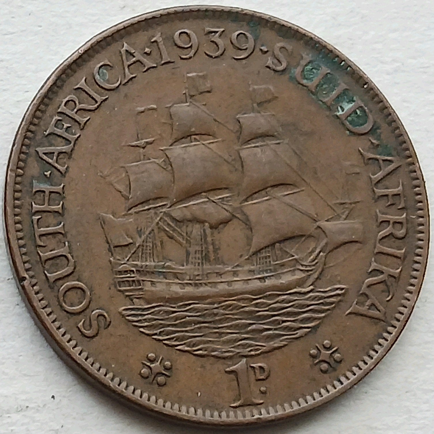 1 Penny 1939 Zuid Afrika Oude Munt Zeilschip Schaars Keydate, Ophalen of Verzenden