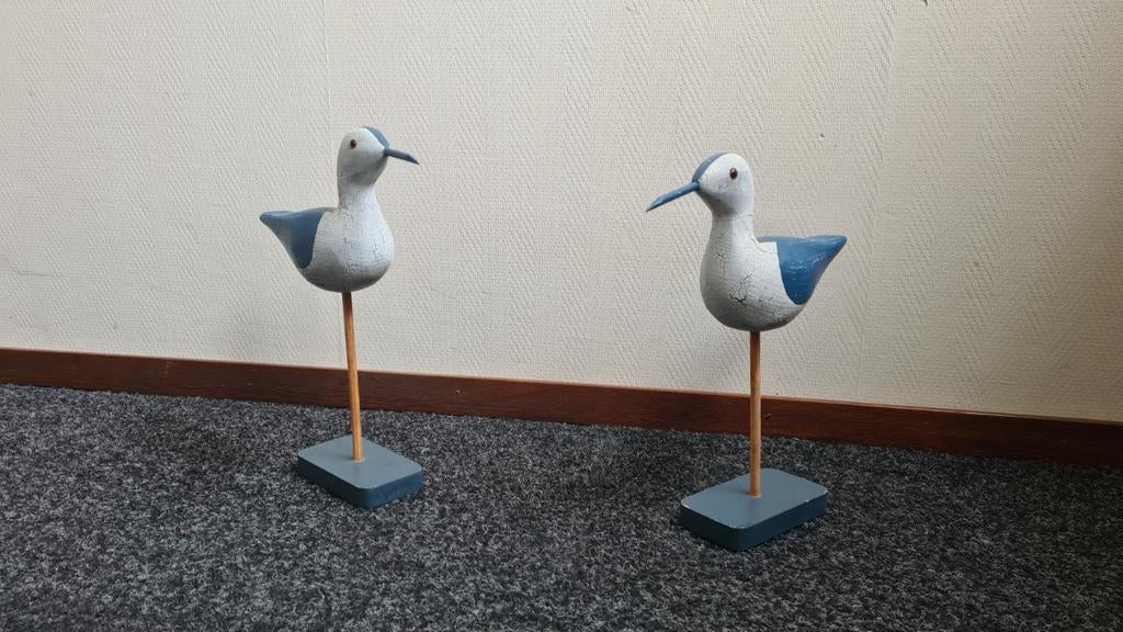 Twee houten vogels blauw wit ter decoratie, Huis en Inrichting, Ophalen of Verzenden, Gebruikt, Meerkleurig, Hout