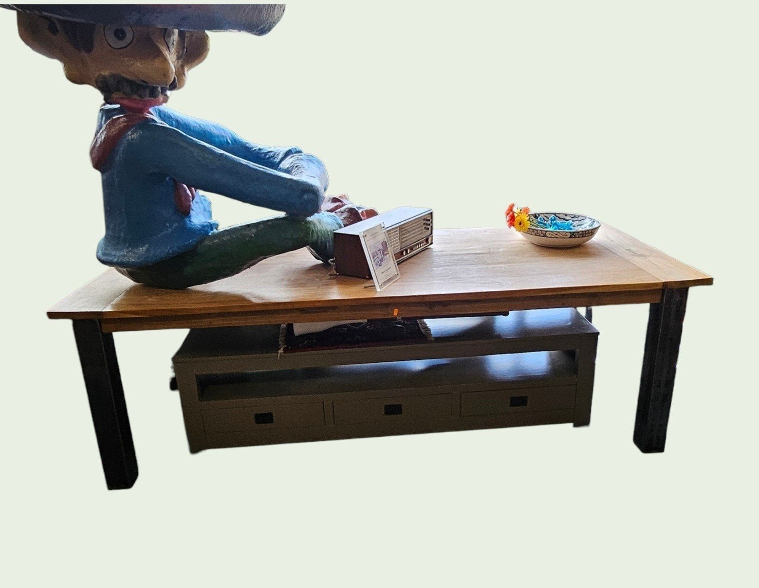 Robuuste eikenhouten eettafel met metalen poten, Huis en Inrichting, Tafels | Eettafels, Ophalen, 2e hands, Gebruikt, Eikenhout