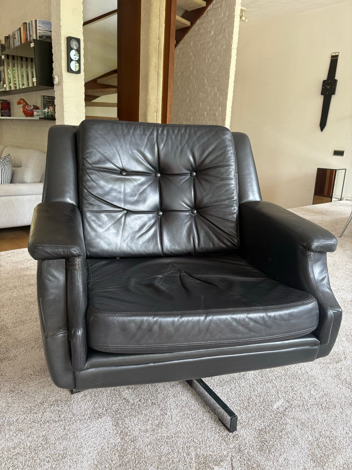 Vintage Fauteuil Jaren '70 - Zwart Leer, Ophalen, Gebruikt, Leer, 75 tot 100 cm