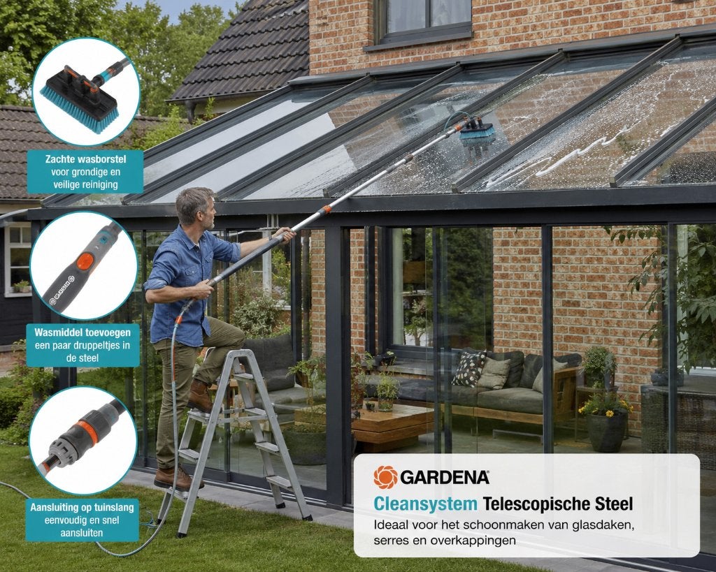 Telescoopsteel extra lang 155 - 260 cm en wasborstel, Ophalen, Zo goed als nieuw, Overige soorten, Gardena
