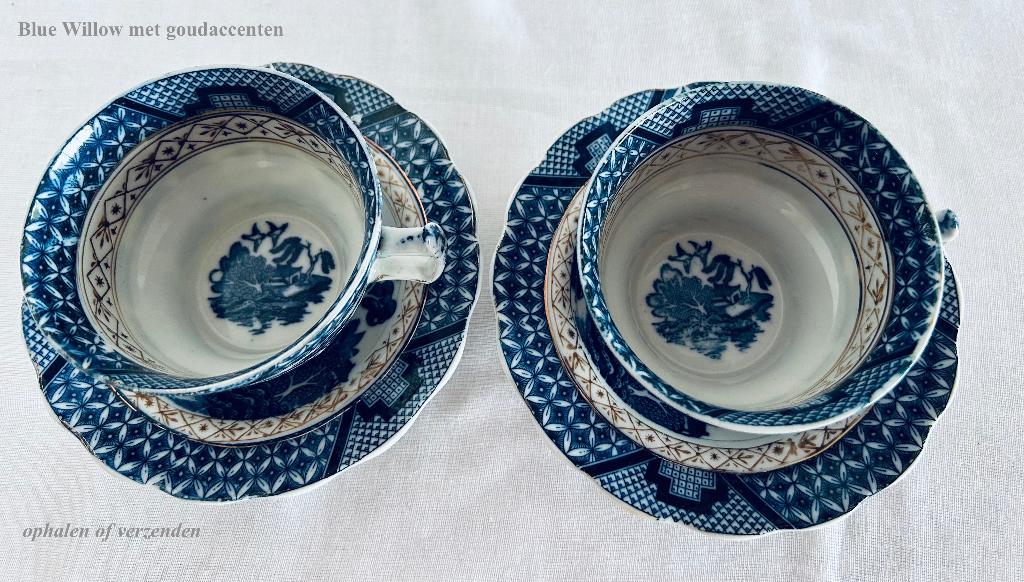 2 Kop & Schotels Blue Willow Goudacc Blauw Wit - Gemerkt, Ophalen
