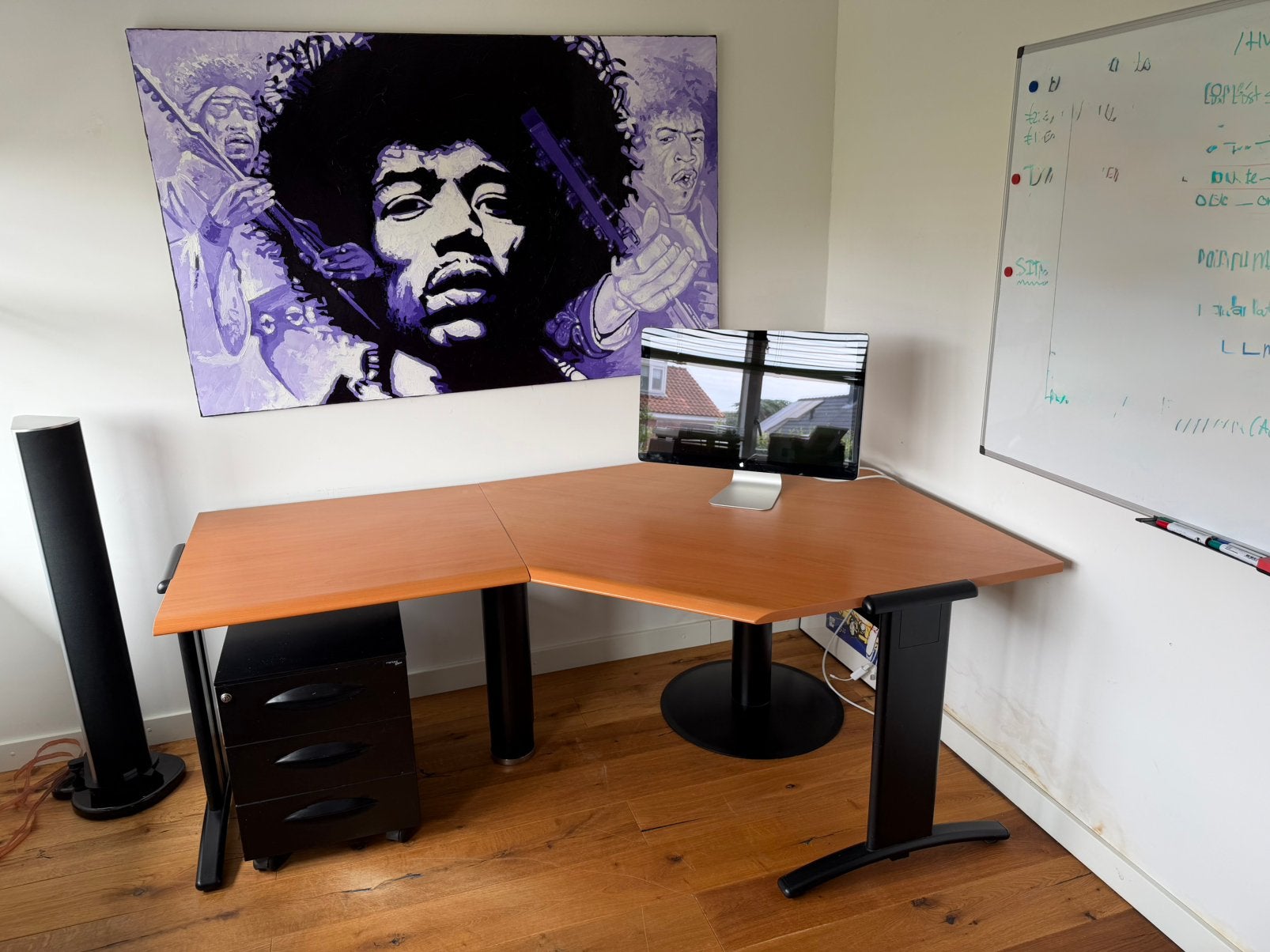 Hoekbureau 200 x 120 cm beukenhouten blad en zwart onderstel, Huis en Inrichting, Bureaus, Ophalen, Zo goed als nieuw