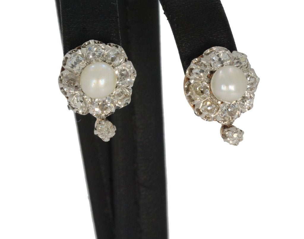 Diamanten parel luxe 14k set goud platina oorbellen antiek, Verzenden, Goud, Oorbellen, Met edelsteen