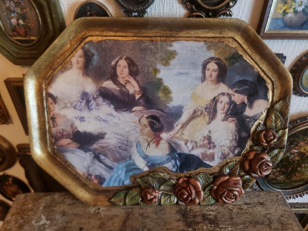 Oud florentijns decoratie dienblad rozen prent dames, Antiek en Kunst, Ophalen of Verzenden