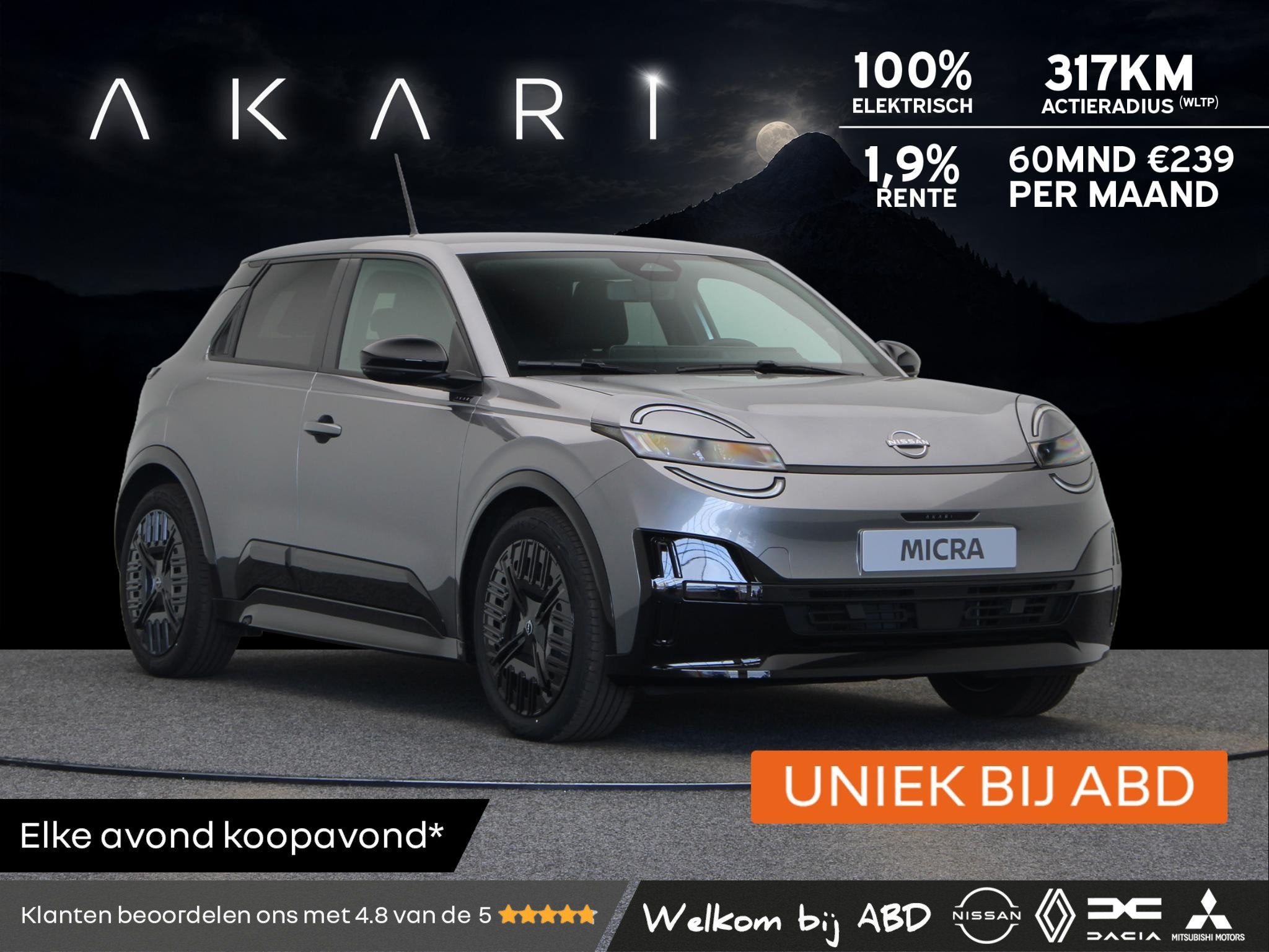 Nissan Micra 40 kWh AKARI 120pk | Midnight pack | Uniek bij, Auto's, Dealer onderhouden, Stof, 122 pk, 317 km