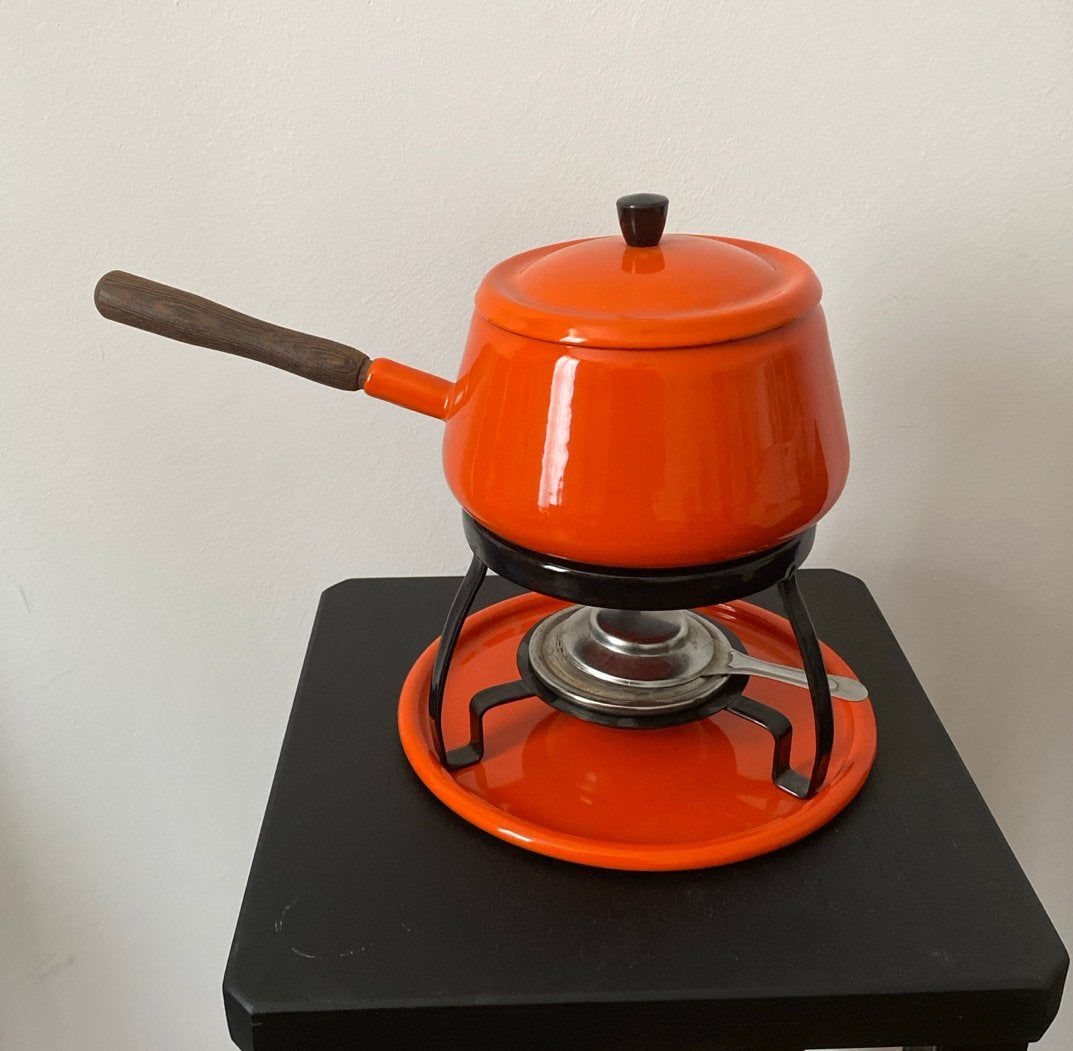 Vintage oranje fonduepan met rechaud, Ophalen, Gebruikt, Brander, Fonduepan