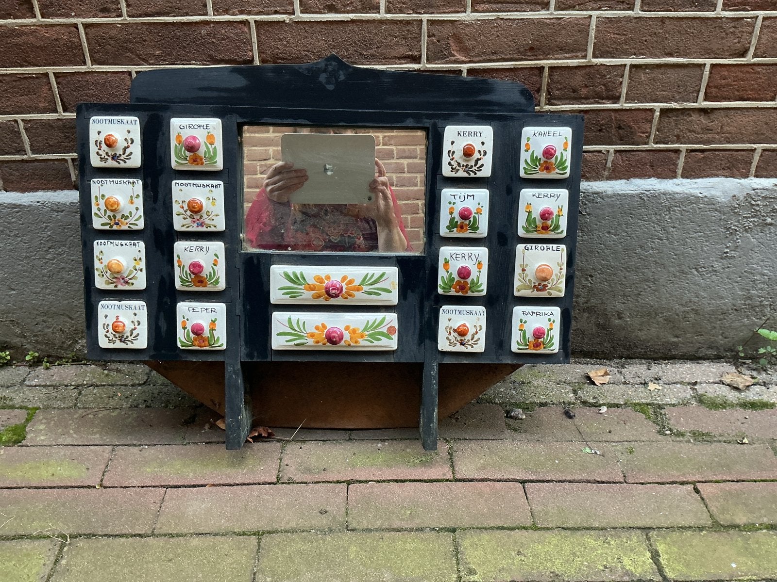 Vintage kruidenrek met spiegel en keramische lades, Ophalen of Verzenden
