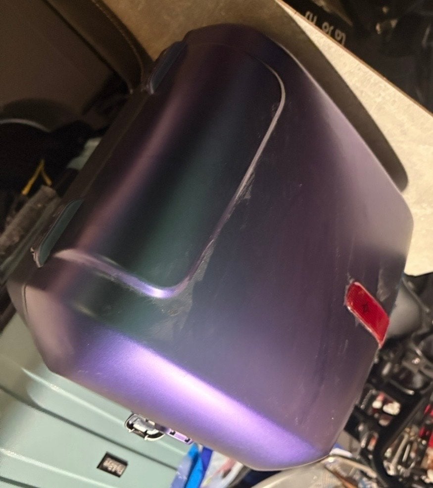 Paarse scooter topkoffer met reflectoren, Ophalen, Gebruikt
