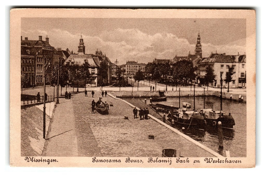 Vlissingen, Panorama Beurs, Belamij Park en Westerhaven, Verzenden, 1920 tot 1940, Ongelopen, Zeeland