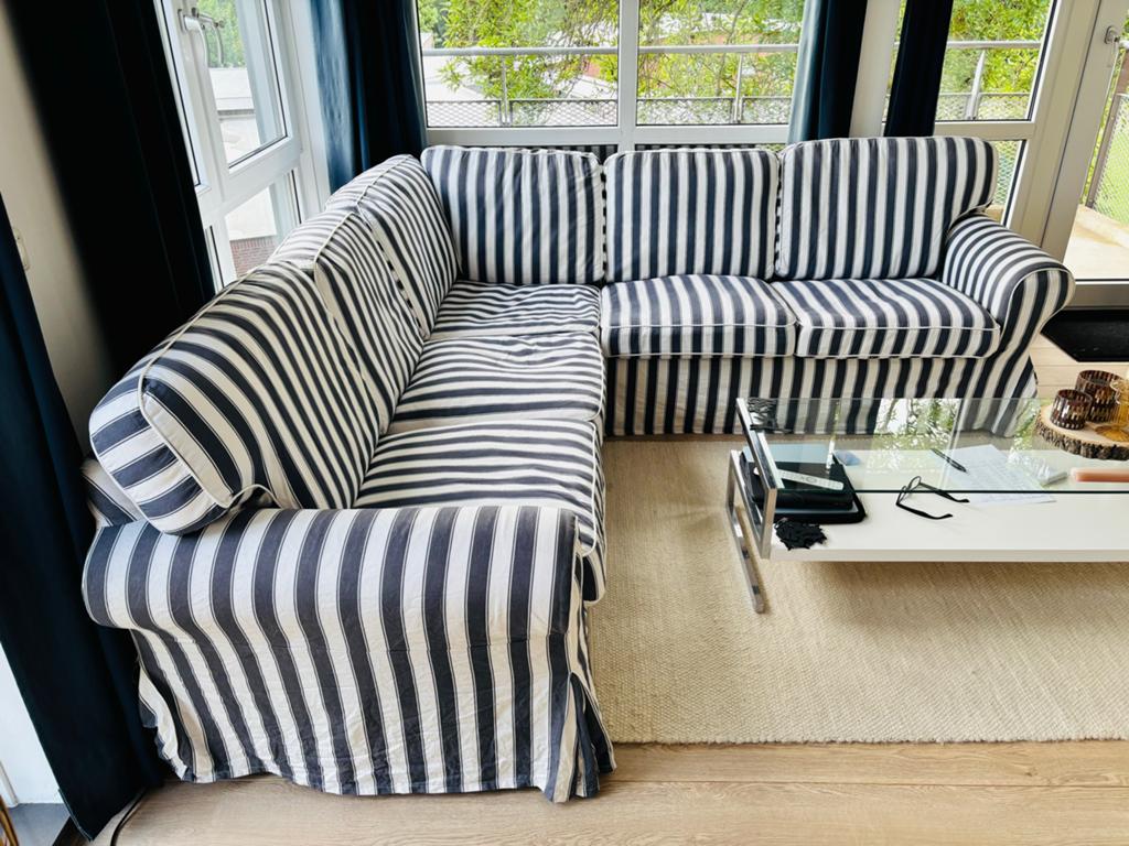 Hoekbank Ektorp IKEA blauw-wit gestreept, Ophalen, Gebruikt, Hoekbank, 75 tot 100 cm