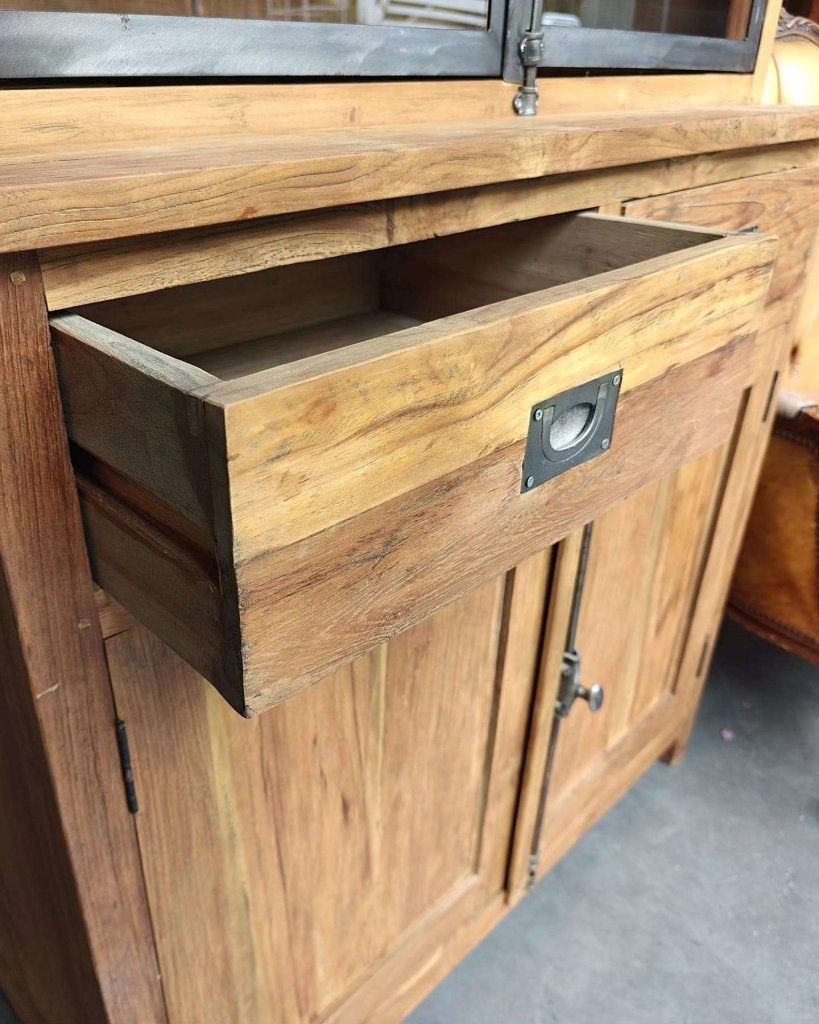 Stoere vitrinekast | Gerecycled teakhout met metaal  #3786, Glas, Met deur(en), -, 200 cm of meer
