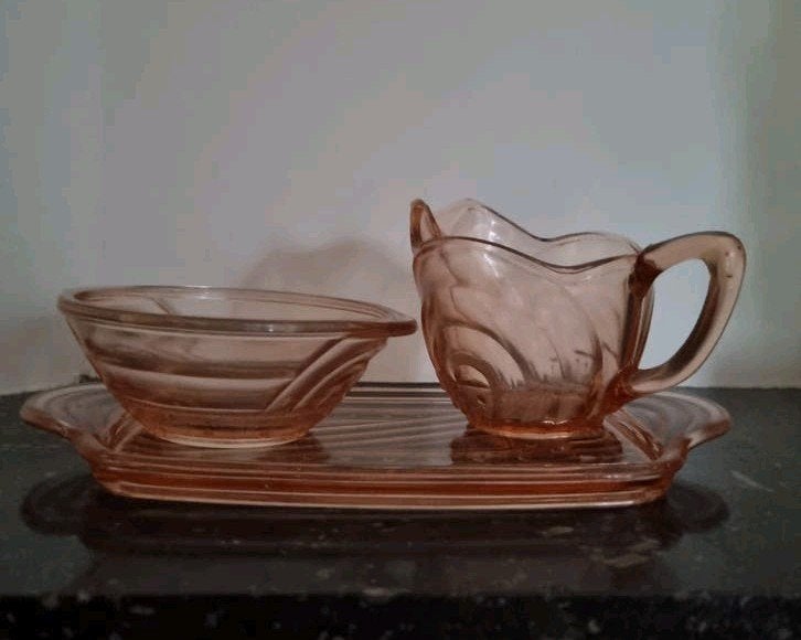Roomstel roze glas jaren 30 art deco, Antiek en Kunst, Verzenden