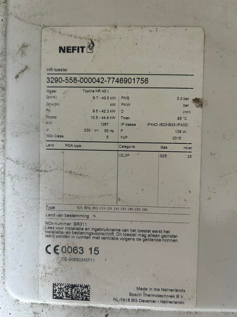 Nefit Topline HR 45 II CV-ketel - Hoog Rendement, Ophalen, Gebruikt, Hoog rendement (Hr), Cv-ketel of Combi-ketel