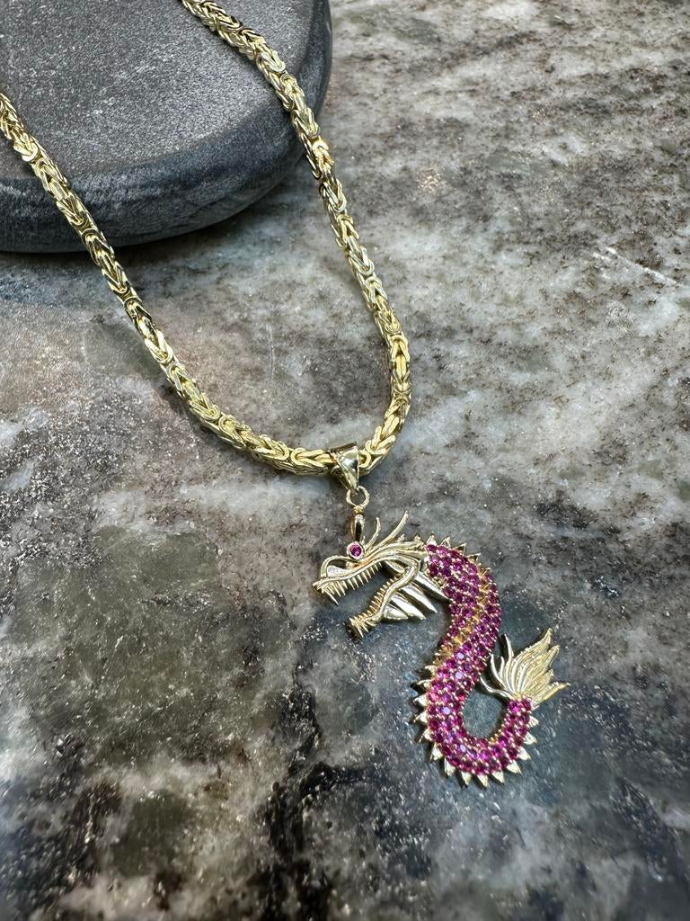 14k Gouden Koningsketting met Draak Hanger & Robijnen, Ophalen of Verzenden, Nieuw, Goud, Met edelsteen