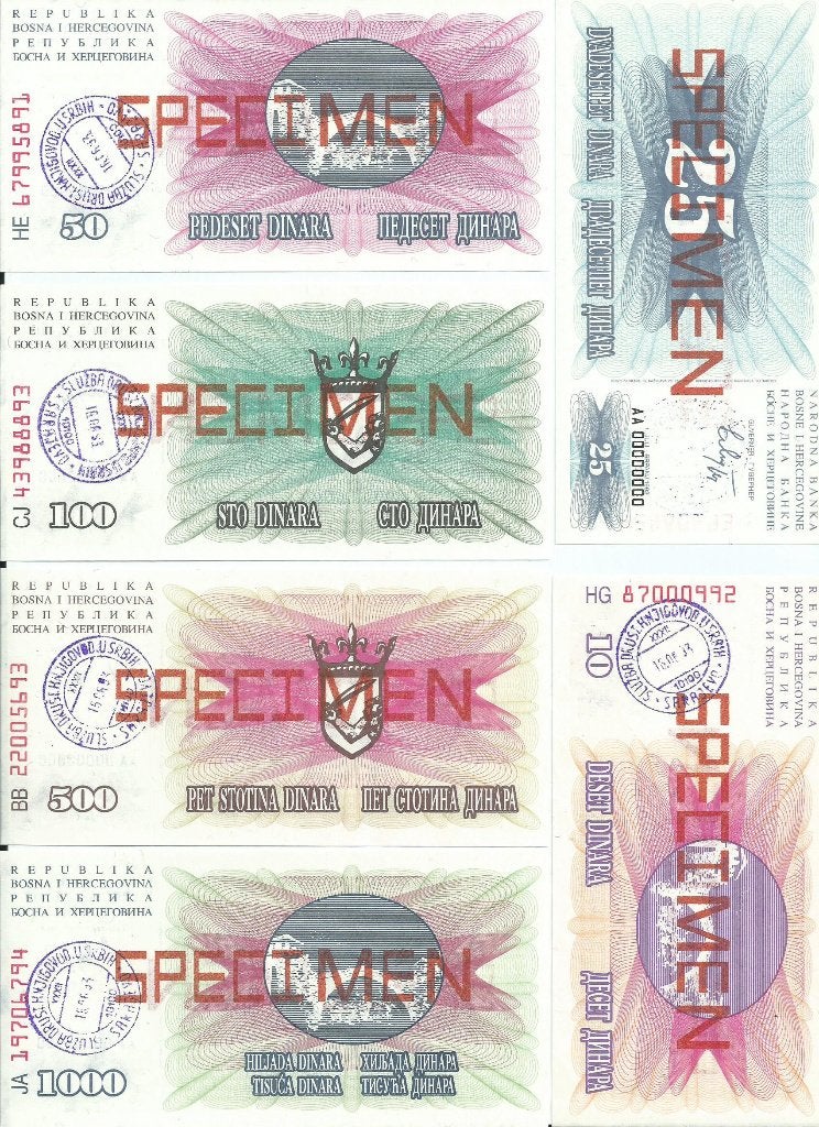 Bosnia-Hercegovina specimenserie 6 x 1992 - unc, Postzegels en Munten, Bankbiljetten | Europa | Niet-Eurobiljetten, Verzenden