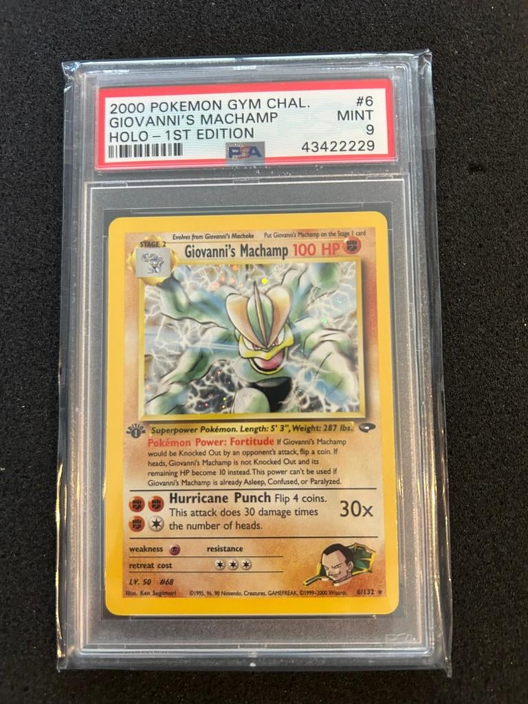 6/132 giovanni's machamp 1st psa 9, Hobby en Vrije tijd, Ophalen of Verzenden, Zo goed als nieuw, Foil