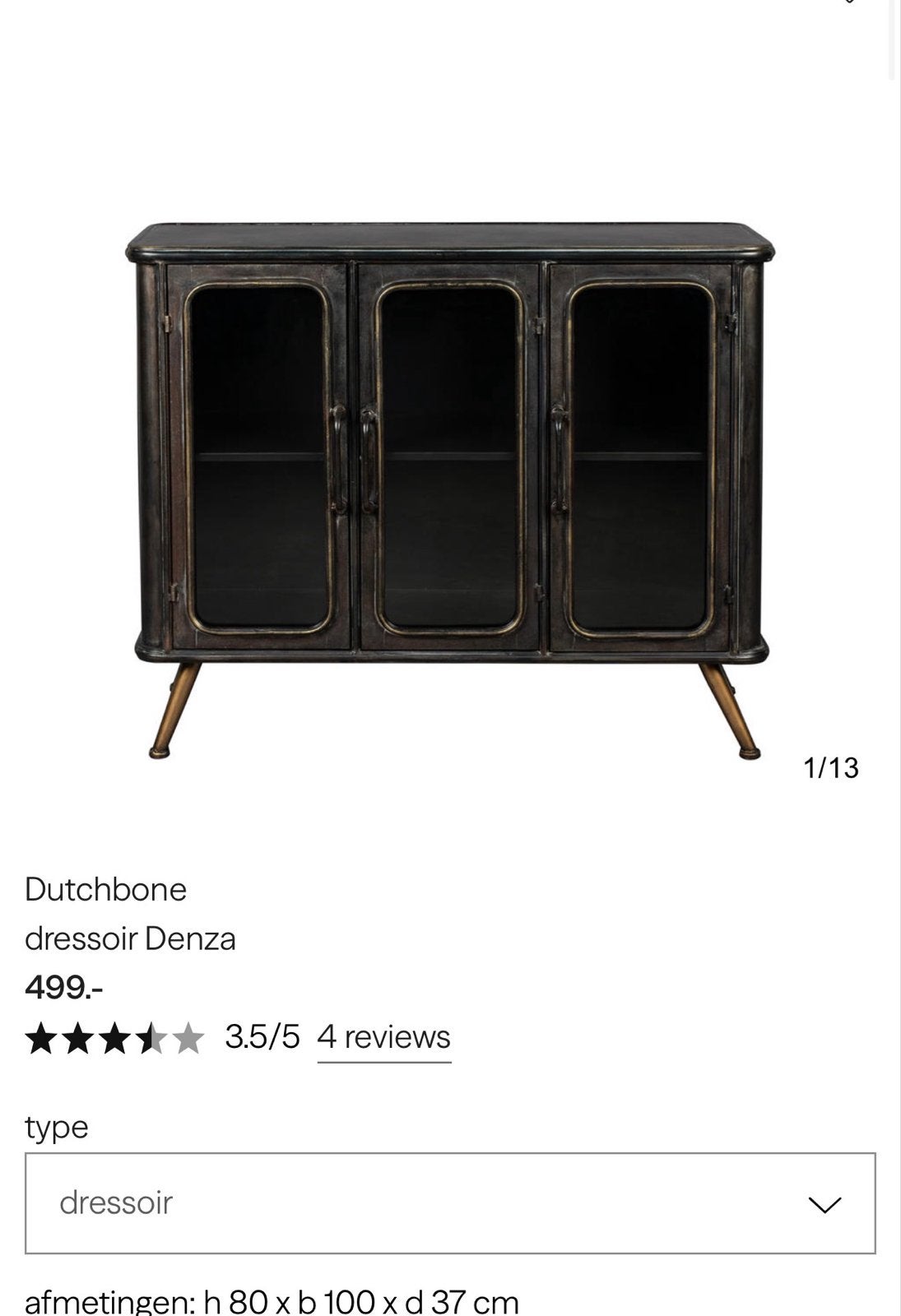 Dutchbone Dressoir Denza - Vintage IJzer met Gehard Glas, Ophalen, 100 tot 150 cm, Zo goed als nieuw, Glas