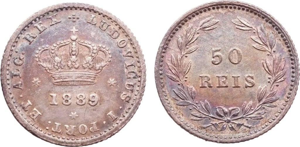 50 reis 1889, Portugal, koning Luis I, Ophalen of Verzenden, Overige landen, Losse munt, Zilver