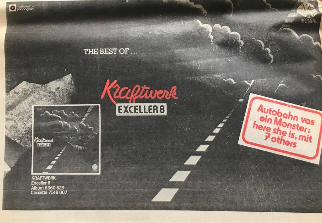 Paginagrote A4 advertentie KRAFTWERK Exceller 8 Autobahn, Ophalen of Verzenden