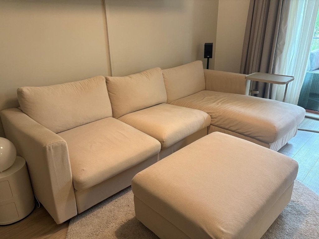 IKEA VIMLE slaapbank met chaise longue + hocker - 2 hoezen, Ophalen, Beige, Tweepersoons, Zo goed als nieuw