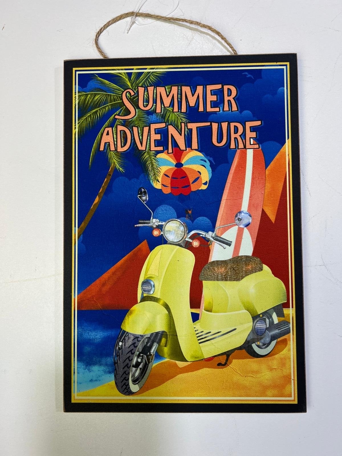 Houten wandbord 'Summer Adventure' Vespa-look 30x20cm, Huis en Inrichting, Hout, Nieuw, Ophalen of Verzenden, Wandbord of Wandpaneel