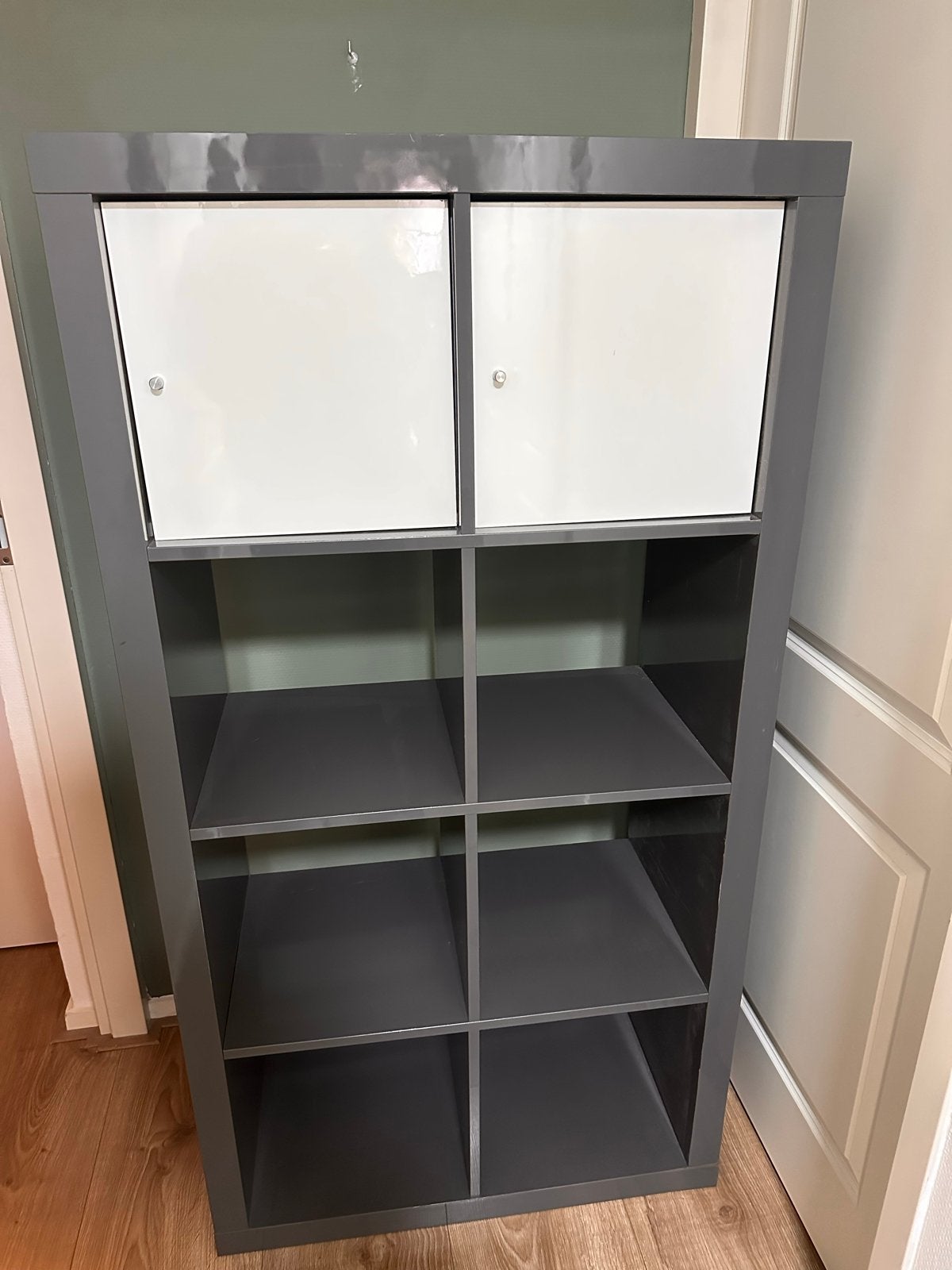 Kallax kast met 2 deuren en open vakken, Ophalen, Gebruikt, 100 tot 150 cm, 50 tot 100 cm