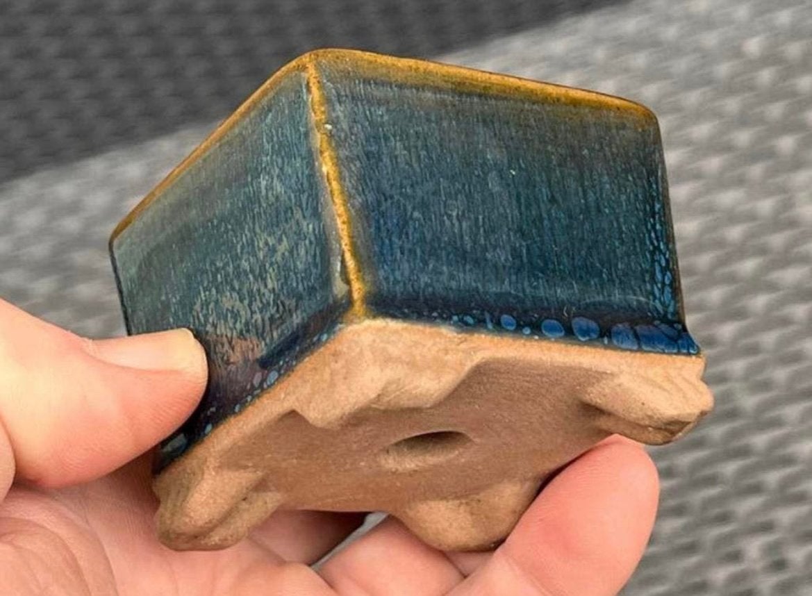 Bonsai pot blauw-bruin geglazuurd aardewerk 6,4x6,3x5,1, Tuin en Terras, Vierkant, Ophalen of Verzenden, Zo goed als nieuw, Aardewerk