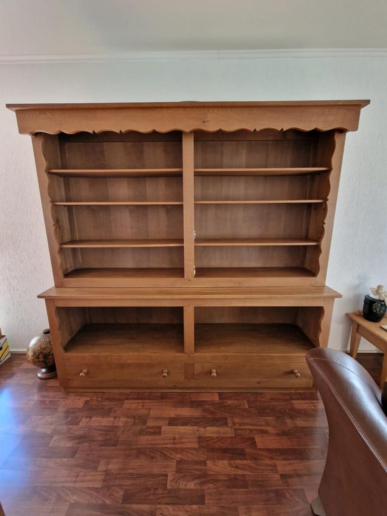 Massief houten dressoir met open vakken en lades, Ophalen, Gebruikt, 200 cm of meer, 200 cm of meer