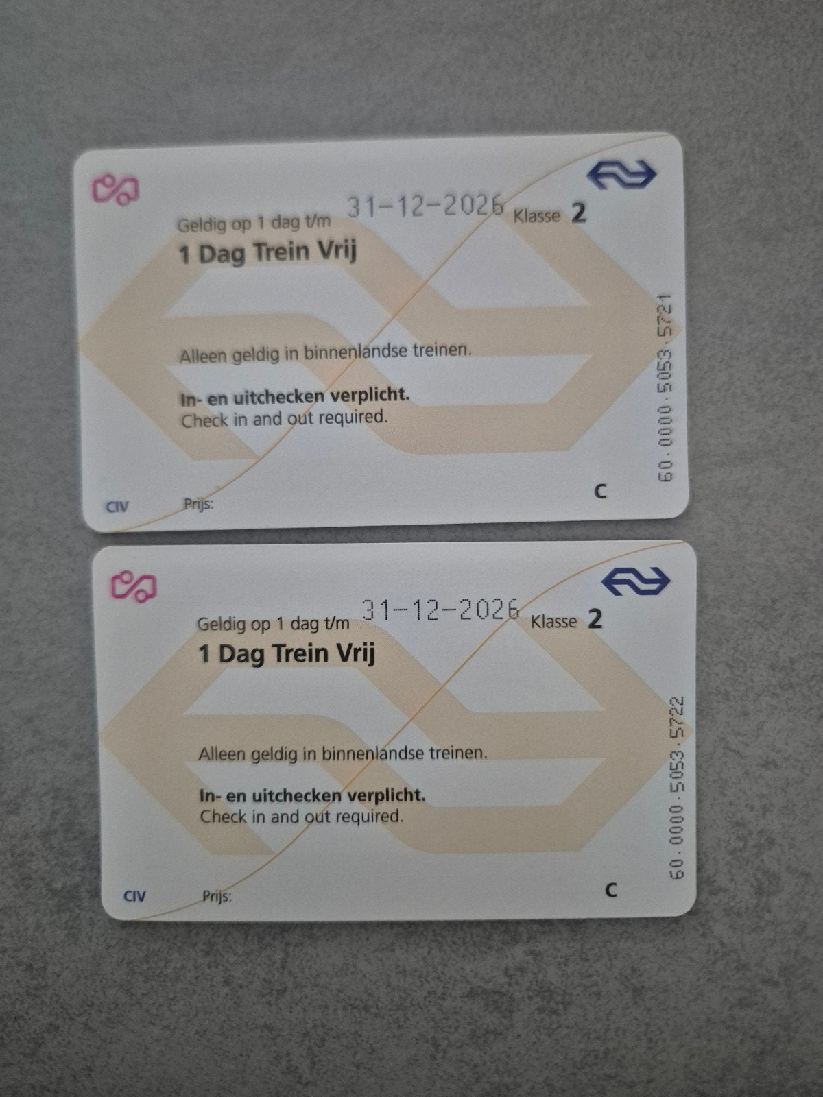 1 Dag Trein Vrij (2x). Ook los te kopen €40,- p.stuk., Tickets en Kaartjes, Twee personen, Trein, Nederland, Algemeen kaartje