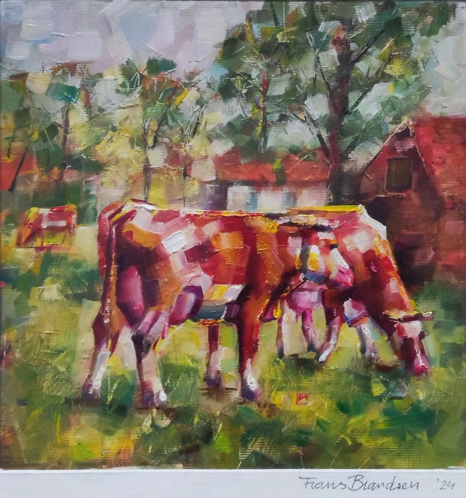 Frans Brandsen (1955) - Twee koeien in weiland, Antiek en Kunst, Expressionistisch, Ophalen of Verzenden, Olieverf, Papier